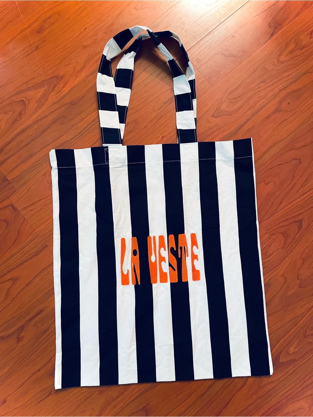LA VESTE Tote Bag Navy/White Stripe Cotton Large Shopper w/ Orange Embroidery